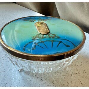 Art Deco Glass Powder Dish Enamel Brass Lid Floral Detailing Boudoir Decor READ